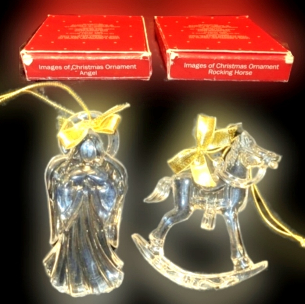 Vtg 90s Avon Image of Christmas crystal angel & rocking horse ornament bundle